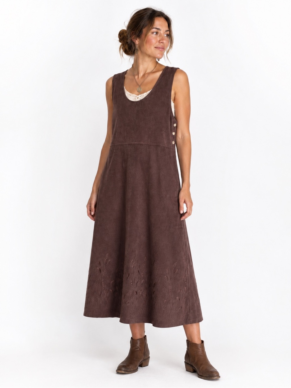Vintage Faux Suede Jumper Dress Brown Prairie Midi Boho Modest Grunge Layering - Picture 1 of 14